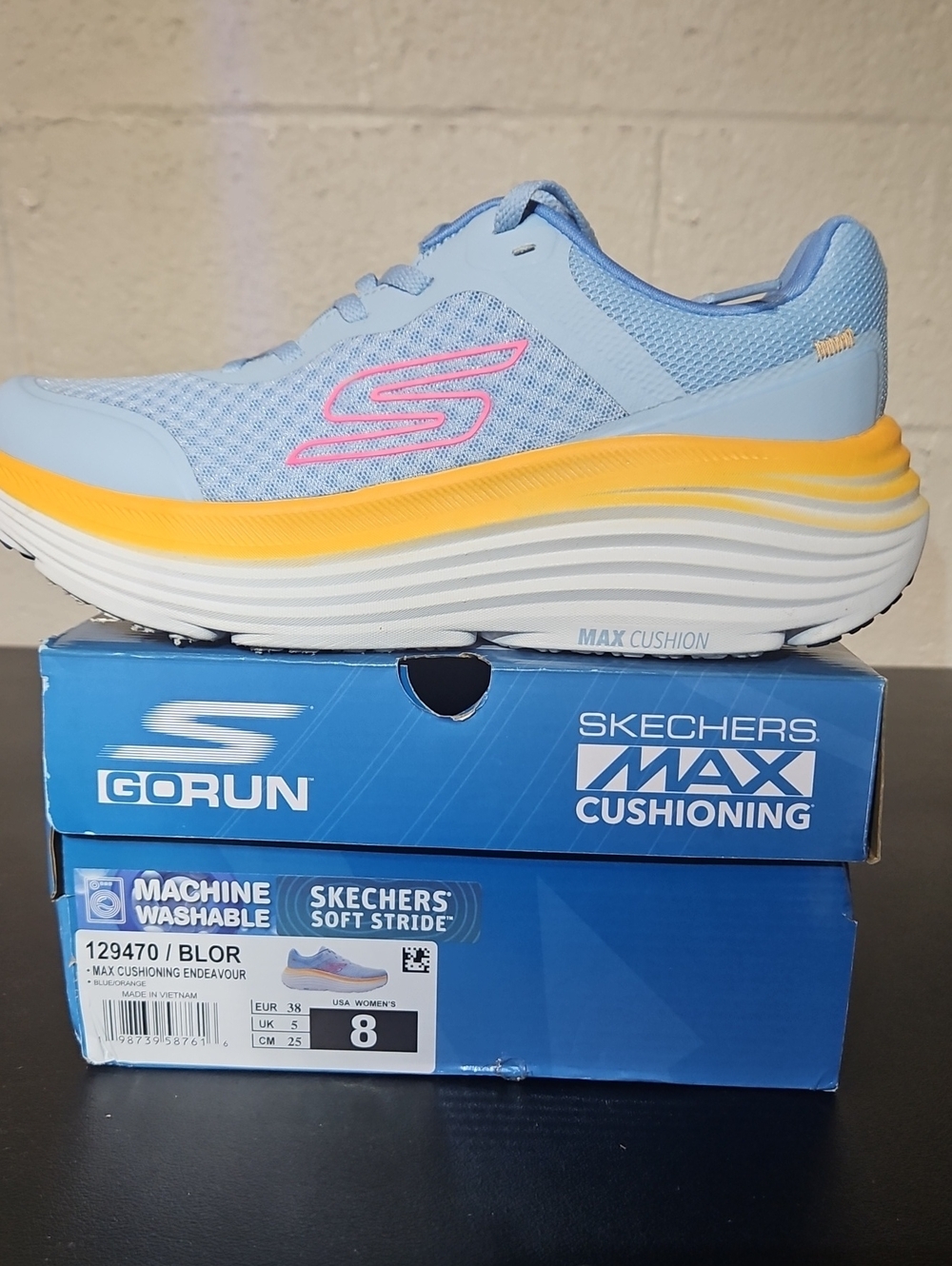 Skechers MAX Cushion Women's Light Blue and Yellow Walking Shoe with Pink Logo